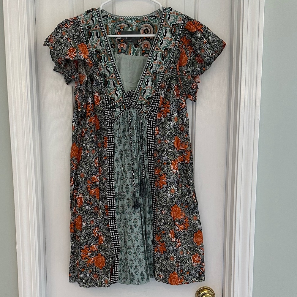 Anthropologie Green Fall Floral Dress - Flutter Sleeves - Tie - Size SP